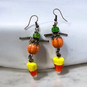 Candy Corn Pumpkin Bicone Bead Dangle Drop Earrings